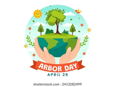 Schöne Arbor Day-Vektorgrafik mit dem Anpflanzen eines Baumes, einer Pflanze, von Gartenwerkzeugen und einer Naturumgebung auf flachem Kids-Cartoon-Hintergrund