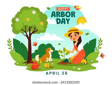 Happy Arbor Day Vector Illustration with Planting a Tree, Plant, Garden Tools and Nature Environment in Flat Kids Cartoon Background