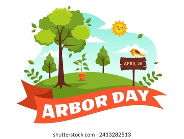 Happy Arbor Day Vector Illustration with Planting a Tree, Plant, Garden Tools and Nature Environment in Flat Kids Cartoon Background