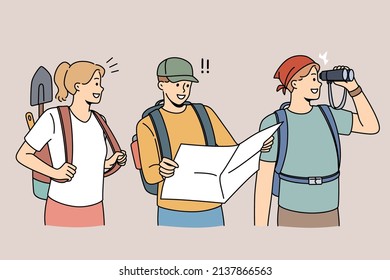 Happy archeologists with tools and map ready for treasure or historic artifact hunting. Smiling diverse researchers or historians with archeological equipment. Flat vector illustration. 