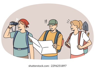 Happy archeologists with tools and map ready for treasure or historic artifact hunting. Smiling diverse researchers or historians with archeological equipment. Flat vector illustration.