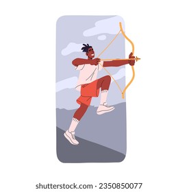 Happy archer aiming with arrow and bow. Man Sagittarius, astrology zodiac avatar. Bowman, archery. Target, purpose, objective concept. Flat graphic vector illustration isolated on white background