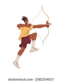 Happy archer pulls bowstring, aiming with closed eyes in jump, flight. Joyful African American bowman with holds bow and arrow in hands. Flat isolated vector illustration on white background