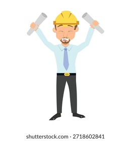 Arquitecto feliz levantando dos planos rodados en victoria o emoción