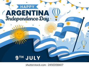 Happy Argentina Independence Day Vector Illustration on 9Th of july with Waving Flag and Ribbon in Flat Cartoon Celebration Background Design
