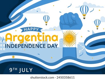 Happy Argentina Independence Day Vector Illustration on 9Th of july with Waving Flag and Ribbon in Flat Cartoon Celebration Background Design
