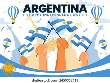 Feliz Día de la Independencia de Argentina Ilustración vectorial el 9 de julio con Bandera y Cinta en Diseño de Fondo de Celebración de Dibujos Animados Plano
