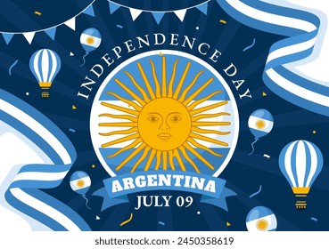 Feliz Día de la Independencia de Argentina Ilustración vectorial el 9 de julio con Bandera y Cinta en Diseño de Fondo de Celebración de Dibujos Animados Plano
