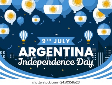 Feliz Día de la Independencia de Argentina Ilustración vectorial el 9 de julio con Bandera y Cinta en Diseño de Fondo de Celebración de Dibujos Animados Plano
