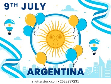 Feliz Dia da Independência da Argentina Ilustração vetorial no dia 9 de julho Celebração com Bandeira e fita em um fundo festivo dos desenhos animados