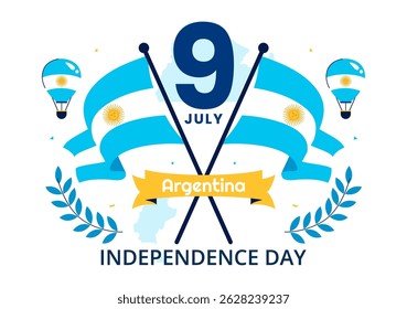 Feliz Dia da Independência da Argentina Ilustração vetorial no dia 9 de julho Celebração com Bandeira e fita em um fundo festivo dos desenhos animados