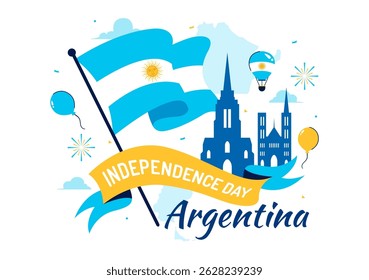Feliz Dia da Independência da Argentina Ilustração vetorial no dia 9 de julho Celebração com Bandeira e fita em um fundo festivo dos desenhos animados