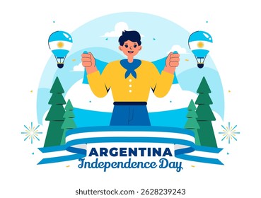 Feliz Dia da Independência da Argentina Ilustração vetorial no dia 9 de julho Celebração com Bandeira e fita em um fundo festivo dos desenhos animados
