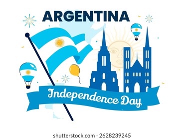 Feliz Dia da Independência da Argentina Ilustração vetorial no dia 9 de julho Celebração com Bandeira e fita em um fundo festivo dos desenhos animados