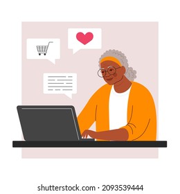 Happy Arican Black Grandma With Laptop. Seniors, Online Communication, Shopping. Vector Illustration With Character