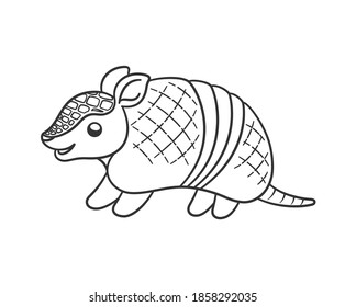 Dibujo del vector del contorno del armadillo feliz. Diseño de carácter animal, página de coloreo para niños.