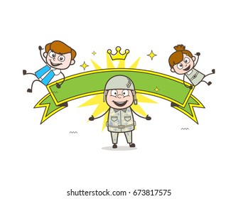 Happy Army Man with Naughty Kids and Ribbon Banner Vector Illustration