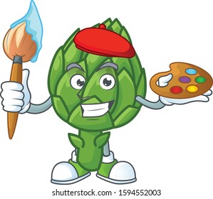 Happy artichoke painter cartoon icon with brush