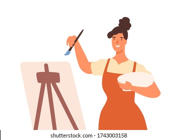 Happy artistic female in apron drawing picture use paint vector flat illustration. Smiling woman professional painter stand in front of easel isolated on white. Girl enjoy art painting at workshop