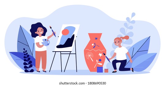 Happy artistic school students. Kids painting picture and decorating clay vase flat vector illustration. Drawing studio, workshop concept for banner, website design or landing web page