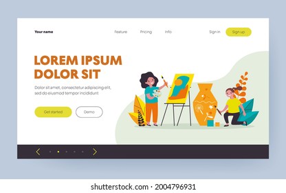 Happy artistic school students. Kids painting picture and decorating clay vase flat vector illustration. Drawing studio, workshop concept for banner, website design or landing web page