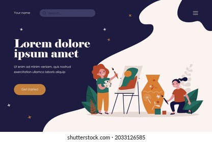 Happy artistic school students. Kids painting picture and decorating clay vase flat vector illustration. Drawing studio, workshop concept for banner, website design or landing web page