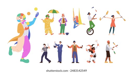 Happy artists making tricks, performing show, circus performers cartoon characters big set