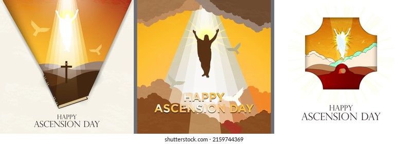 Happy Ascension Day Concept Set. Vector Illustration of The Ascension Day of Jesus Christ. Jesus Silhouette rising to heaven. Nazareth and jesus coming from bible. Jesus resurrected from tomb. Sunset.