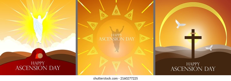 Happy Ascension Day Concept Set. Vector Illustration of The Ascension Day of Jesus Christ. Jesus Silhouette rising to heaven. Jesus resurrected from tomb. Sunset and warm tone. EPS 10. Square format