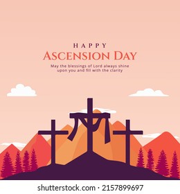 Happy Ascension Day with Cross, Trees, Mountains Vector Illustration. Selamat Hari Kenaikan Isa Almasih