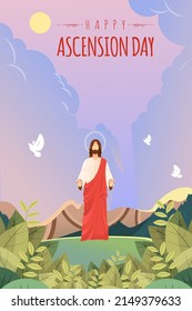 Happy Ascension Day Design with Jesus Christ in Heaven Vector Illustration.  Illustration of resurrection Jesus Christ. Sacrifice of Messiah for humanity redemption.  svg
