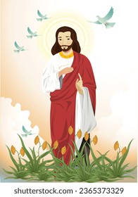 Happy Ascension Day Design with Jesus Christ in Heaven Vector Illustration. Illustration of resurrection Jesus Christ.