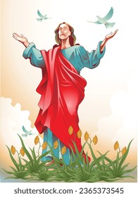 Happy Ascension Day Design with Jesus Christ in Heaven Vector Illustration. Illustration of resurrection Jesus Christ.