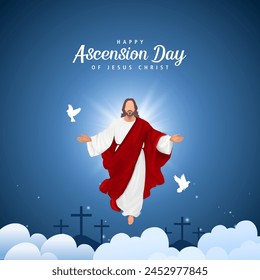 Happy Ascension Day Design with Jesus Christ in Heaven Vector Illustration. Illustration of resurrection Jesus Christ. Sacrifice of Messiah for humanity redemption. svg