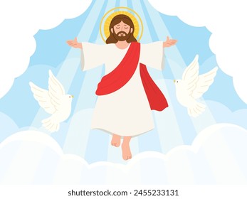 Happy Ascension Day hand drawn background vector. Religion drawing of Jesus Christ, God, white pigeon. The Holy Spirit illustration for Good Friday, Holy Week, greeting card, cover, poster.