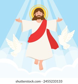 Happy Ascension Day hand drawn background vector. Religion drawing of Jesus Christ, God, white pigeon. The Holy Spirit illustration for Good Friday, Holy Week, greeting card, cover, poster.