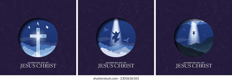 Happy Ascension Day of Jesus Christ. Ascension icons on dark blue background. Jesus ascending into sky. Beautiful blue cross. Vector Illustration. EPS 10.