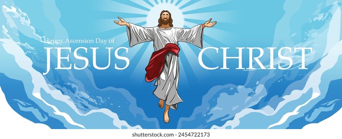 Happy Ascension Day of Jesus Christ Vector Illustration. Jesus in the clouds, with his arms spread out, wearing a long robe and a halo around his head. Horizontal banner, greeting card, cover, poster.