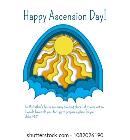 Happy Ascension Day of Jesus greeting or invitation card template with Bible quote, clouds and sun rays. Paper cut out style vector illustration. 