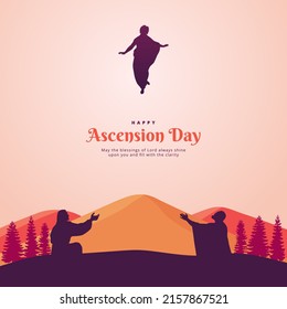Happy Ascension Day with Jesus Silhouette, People, Trees, Mountains Vector Illustration. Selamat hari kenaikan Isa Almasih