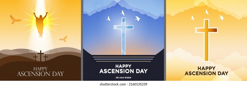 Happy Ascension Day Set. Vector Illustration of The Ascension Day of Jesus Christ. Jesus Rising to heaven from tomb. Watercolor cross on sunrise background. Cross in heaven on warm tone. Vector.