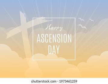 Happy Ascension Day vector. Religious heavenly background with crucifix. Sunny blue sky background vector. Jesus Christ's ascension into heaven vector. Christian holiday. Important day