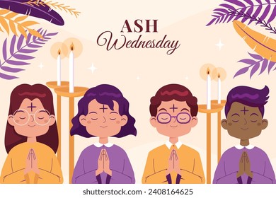 Happy Ash Wednesday background. Ash Wednesday celebration. Christian holy day of prayer and fasting. Cartoon Vector illustration design for Poster, Banner, Post, Flyer, Card, Cover. February 14.