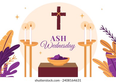 Happy Ash Wednesday background. Ash Wednesday celebration. Christian holy day of prayer and fasting. Cartoon Vector illustration design for Poster, Banner, Post, Flyer, Card, Cover. February 14.