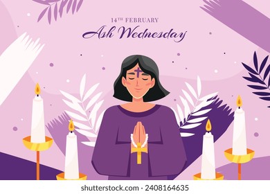 Happy Ash Wednesday background. Ash Wednesday celebration. Christian holy day of prayer and fasting. Cartoon Vector illustration design for Poster, Banner, Post, Flyer, Card, Cover. February 14.