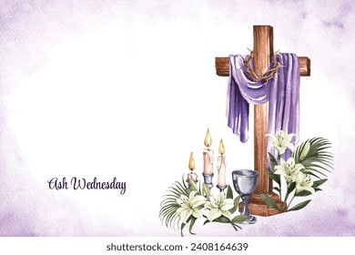 Happy Ash Wednesday background. Ash Wednesday celebration. Christian holy day of prayer and fasting. Cartoon Vector illustration design for Poster, Banner, Post, Flyer, Card, Cover. February 14.