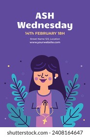 Happy Ash Wednesday background. Ash Wednesday celebration. Christian holy day of prayer and fasting. Cartoon Vector illustration design for Poster, Banner, Post, Flyer, Card, Cover. February 14.