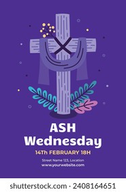 Happy Ash Wednesday background. Ash Wednesday celebration. Christian holy day of prayer and fasting. Cartoon Vector illustration design for Poster, Banner, Post, Flyer, Card, Cover. February 14.