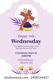 Happy Ash Wednesday background. Ash Wednesday celebration. Christian holy day of prayer and fasting. Cartoon Vector illustration design for Poster, Banner, Post, Flyer, Card, Cover. February 14.