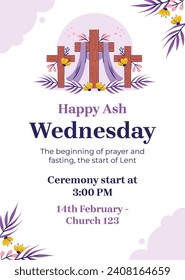 Happy Ash Wednesday background. Ash Wednesday celebration. Christian holy day of prayer and fasting. Cartoon Vector illustration design for Poster, Banner, Post, Flyer, Card, Cover. February 14.